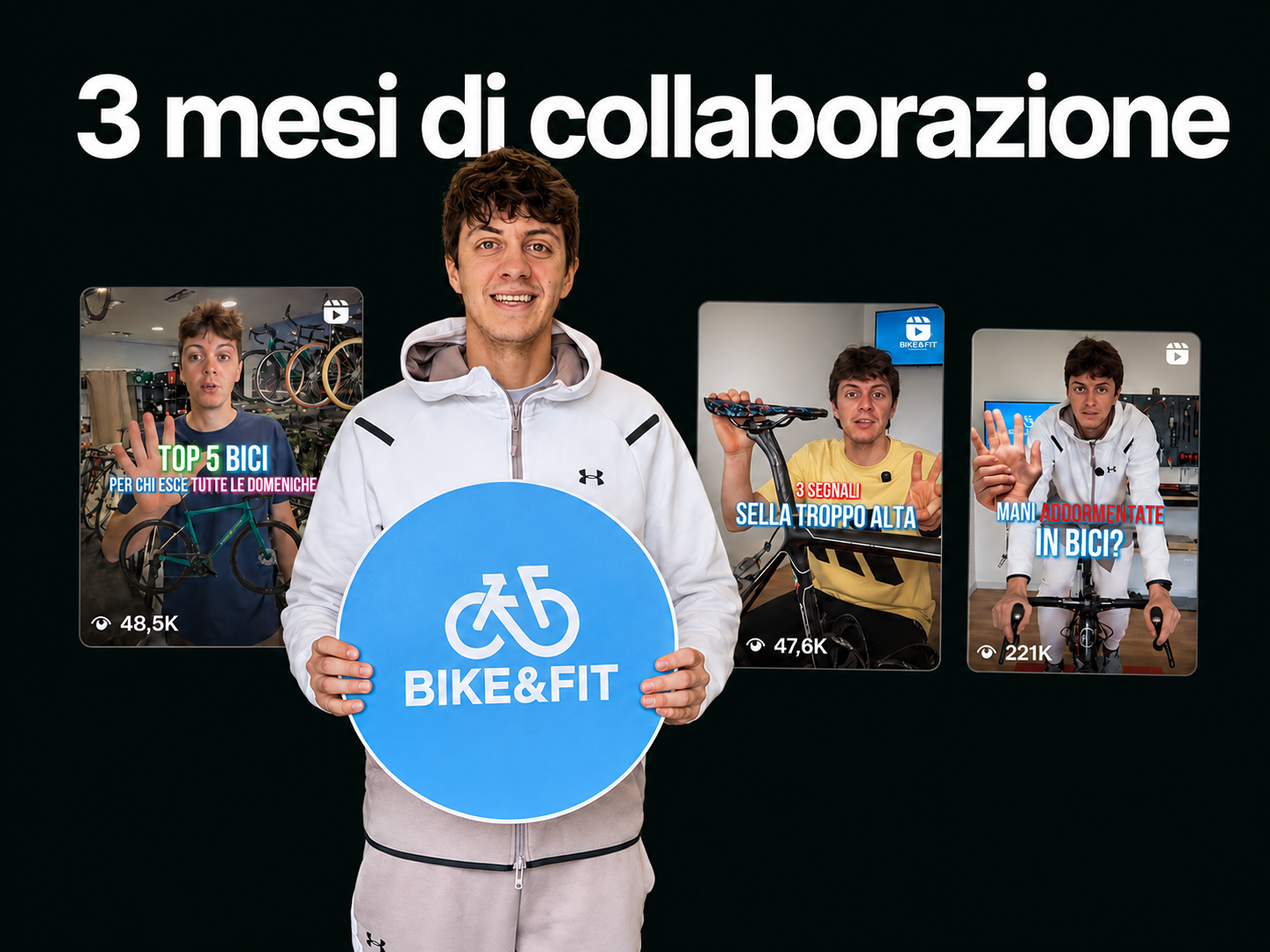 Filippo Galli con il logo Bike&Fit e tre contenuti realizzati nei tre mesi di collaborazione
