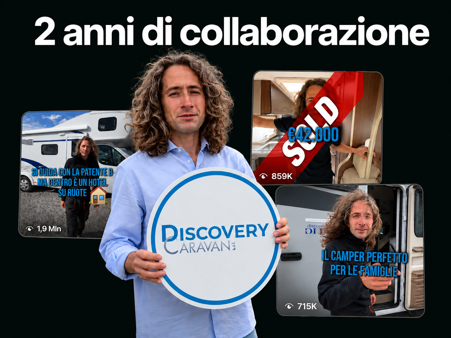 Discovery Caravan: ritratto del cliente con il logo e tre contenuti realizzati nei due anni di collaborazione