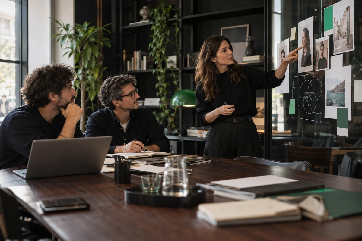 Tre professionisti discutono il posizionamento intorno a un tavolo e a una lavagna.